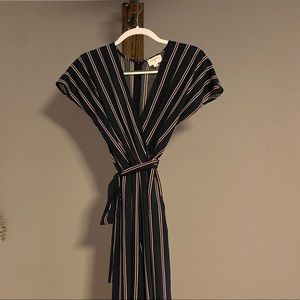 Everly striped jumpsuit, short-sleeve with tie-waist and zippered back.